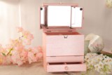 手提彩粉色大号日式木质台式桌面化妆箱梳妆镜子化妆品收纳盒礼物