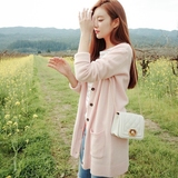 2016韩版女装春秋甜美宽松外套毛衣V领口袋针织衫中长款开衫大码