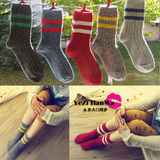 韩国秋冬季羊毛袜子加厚女短袜 红色保暖中筒袜日系原宿条纹女袜