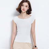 2016夏季韩版新修身一字领套头针织T恤女 简约百搭弹力打底衫