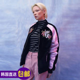 韩国正品潮牌直邮情侣男女CHARMS刺绣黑粉红豹贡缎宽松夹克外套