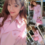 2016春季新款韩版甜美清新粉色气质外翻领长袖外套中长款风衣女春