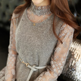 2015秋冬季新款女装针织两件套装韩版大码时尚背心毛衣蕾丝连衣裙