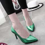韩版性感小细跟尖头浅口中低跟高跟套脚女单鞋漆皮绿红色甜美婚鞋