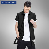 Lilbetter短袖衬衫男 日系中长款半袖衬衣字母印花韩版短袖衬衣男