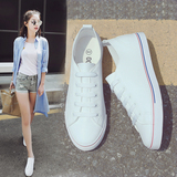 夏季明星同款小白鞋皮面帆布鞋女韩版系带板鞋女平底白色休闲单鞋