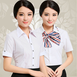 夏装女士竖条纹职业短袖衬衫韩版修身白色半袖女衬衣 加大码工装