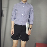[小蟹] 韩版时尚男士一字领气质蓝条纹中袖衬衣 英伦复古修身衬衣