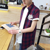 2016夏季新款韩版修身男士中长款无袖衬衫字母印花格子纯棉衬衣潮
