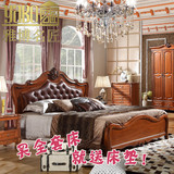 欧式双人床深色 美式全实木真皮床 复古橡木雕花1.8米大婚床高箱