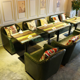 美式复古咖啡厅沙发桌椅组合 实木 西餐厅双人皮沙发卡座组合定制