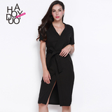 Haoduoyi2016夏新款 欧美性感深V系带中长裙 收腰包臀短袖连衣裙