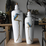 花瓶中式古典陶瓷家居装饰品样板房软装花器工艺品翠鸟动物图摆件