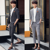 夏季西服套装男韩版修身中袖九分裤格子西装两件套休闲男装薄款潮