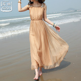 新款杏色圆领钉珠亮片背心款真丝裙 波西米亚海滩渡假长裙 沙滩裙
