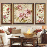 现代纯手绘美式花卉 三联欧式油画田园客厅玄关卧室装饰画有框画