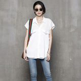 2016夏季新款韩版女装文艺拼接宽松直筒常规款短袖原创品质衬衫