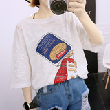 2016夏季新款韩版宽松破洞显瘦印花上衣女学生 韩范短袖白色T恤