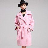 2015秋冬装毛呢外套女中长款修身显瘦时尚气质西装领粉色系带欧美