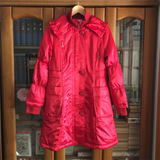 2015秋冬新款 时尚红色 娃娃荷叶边领子 中长款薄款 棉服外套女