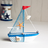 地中海风格简约现代木质蓝色小帆船装饰摆件工艺品小船模型装饰品