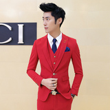 2016男士亮色长袖西服外套韩版修身休闲时尚大红色小西装上衣单西