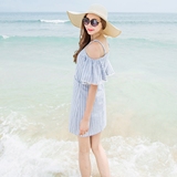 夏季甜美蓝白条纹一字领露肩裙海军风宽松吊带连衣裙沙滩裙短裙