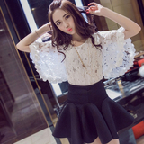 2016韩版甜美七分袖蕾丝打底衫短款女夏修身白上衣喇叭袖娃娃衫