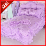韩版四件套公主风蕾丝花边紫色贡缎提花全棉床裙式1.8m床纯棉被套