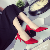 2016韩版绒面流苏百搭浅口尖头细跟中跟单鞋性感红色女鞋婚鞋凉鞋