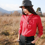 2016春季新款刺绣中式小立领对襟上衣修身衬衫女暗红色气质小开衫