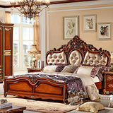 美式乡村实木床 欧式床深色古典家具法式高箱皮床新古典床