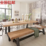 实木餐桌椅组合6人美式复古做旧小户型4人饭桌loft铁艺松木方桌圆