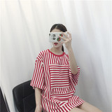 2016夏装新款不规则红白竖条纹宽松圆领大口袋中长款T恤女韩版