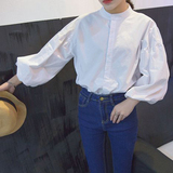 秋季新款女装韩版宽松显瘦百搭白色泡泡灯笼袖立领衬衣长袖衬衫潮