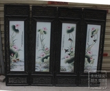 景德镇陶瓷瓷板画手绘仿古粉彩荷花四条屏陶瓷装饰画客厅画实木框