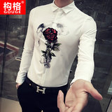构格秋季男装印花男士长袖衬衫韩版修身型青年英伦学生衬衣潮衣服