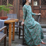 言午葵原创设计 文艺范 中式复古改良 印花长款七分袖丝麻旗袍