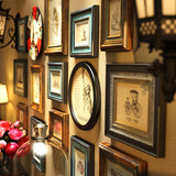 实木照片墙美式相框做旧创意挂钟相片墙挂墙壁画餐厅客厅装饰画