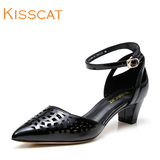 KISS CAT/接吻猫2016新款尖头镂空女鞋一字带粗跟凉鞋KA76304-83