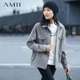 Amii女装冬新款艾米翻领按扣宽松落肩短款纯色羊毛呢外套11592204