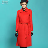 2016新款双面羊绒大衣女式翻领系腰带长款新娘大红色羊毛呢子外套