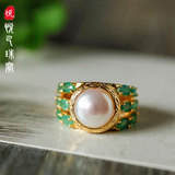 那一抹绿■香港设计师 天然祖母绿珍珠 925纯银镀金戒指