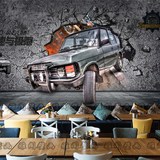 3D怀旧破墙汽车墙纸主题KTV酒吧个性餐厅背景墙壁画艺术定制壁纸