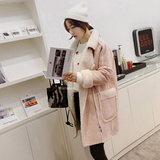 2015冬季女韩国鹿皮绒机车棉衣翻领皮毛一体加厚中长款羊羔毛外套