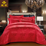 贡缎提花婚庆床品 高档欧式四件套大红色结婚床上用品六件套 正品