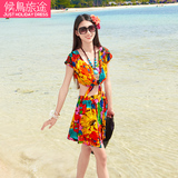 夏季艺术印花连衣裙套装海边度假短裙波西米亚海滩裙短款沙滩裙子