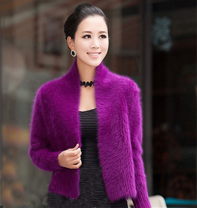 2014新款女长毛水貂绒开衫短款外套加厚毛衣