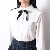 2016春装新款 麂皮绒衬衫女长袖 韩版学生纯色衬衣打底蝴蝶结上衣