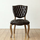 美式餐椅 复古实木皮艺餐椅做旧麻布拉扣餐椅 时尚单人无扶手餐椅